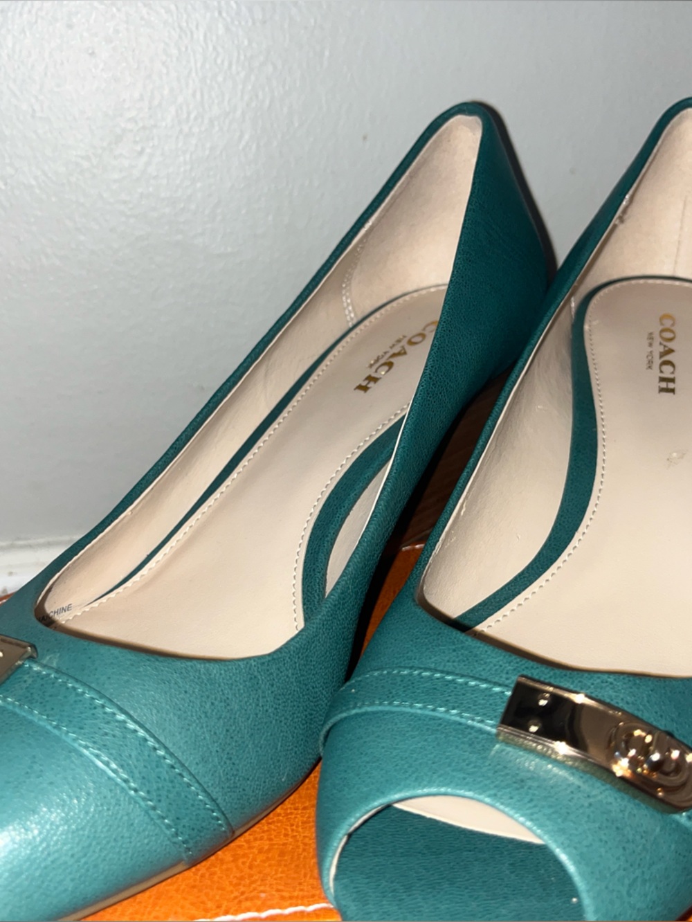 Coach Turquoise Peep-Toe Leather Pumps with Gold Accent